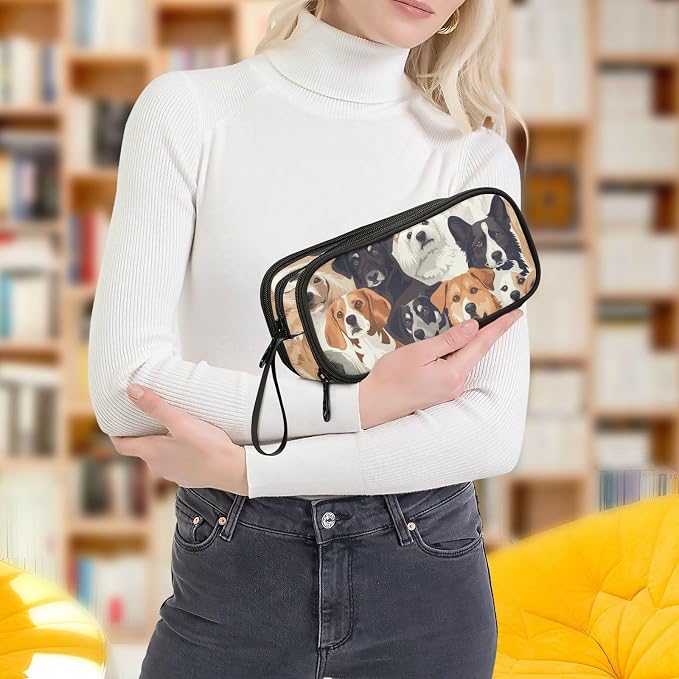 Pencil Case with Handle, Large Capacity Zipper Pencil Bag with 3 Compartments,Group Of Pet Dogd Pencil Pouch Organizer for Teen Girls Boy School&College Supplies