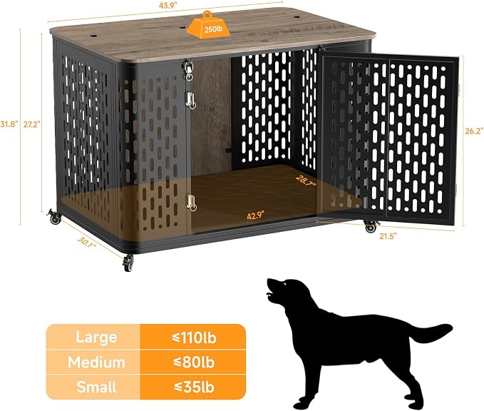 ONBRILL 43.7" Dog Crate Furniture with Cushion, Flip-Top Access and Wheels | Heavy-Duty Construction Supports Everyday Use, while Flip-Top Access Makes Feeding and Cleaning More Convenient