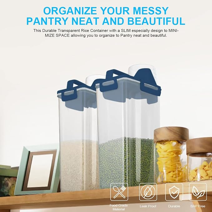 Uppetly Rice Airtight Dry Food Storage Containers, BPA Free Plastic Storage Bin Dispenser with Pourable Spout, Measuring cup for Cereal, Flour and Baking Supplies Blue