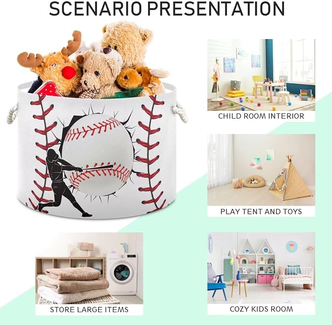 Baseball Pattern Collapsible Round Storage Basket with Handles | Sport Ball Large Laundry Baskets Hamper, Organizer Bin for Nursery Bedroom Living Room Decor, 20x 20x 14 Inches