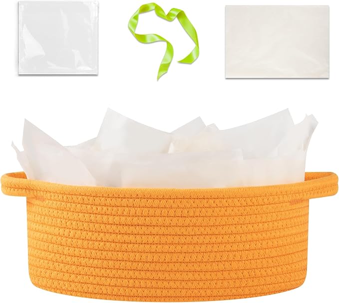 OIAHOMY Gift Basket with Handle, Small Woven Basket with Gift Bag, Ribbon and Wrap Tissue Paper, Nursery Bins Empty to Fill with Small Items, Baby, Pet Toy Organizer - Orange