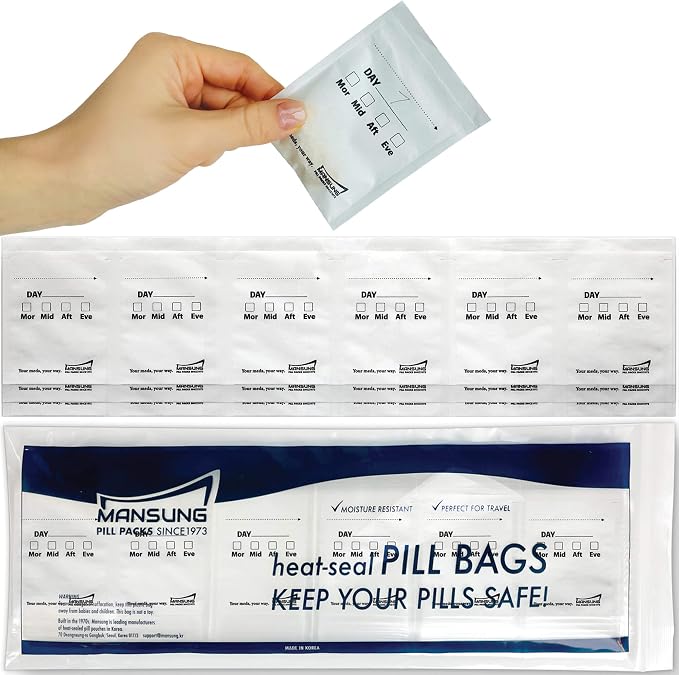 Mansung M 600 Bags/Parchment Paper- 4 Times a Day, Pill Bags, Suite, Sorter Organizer for Medication, Heat Seal Pill Bag pouche Pack Organizer Dispenser kit Daily Blister Packs Use with Mansung Tray