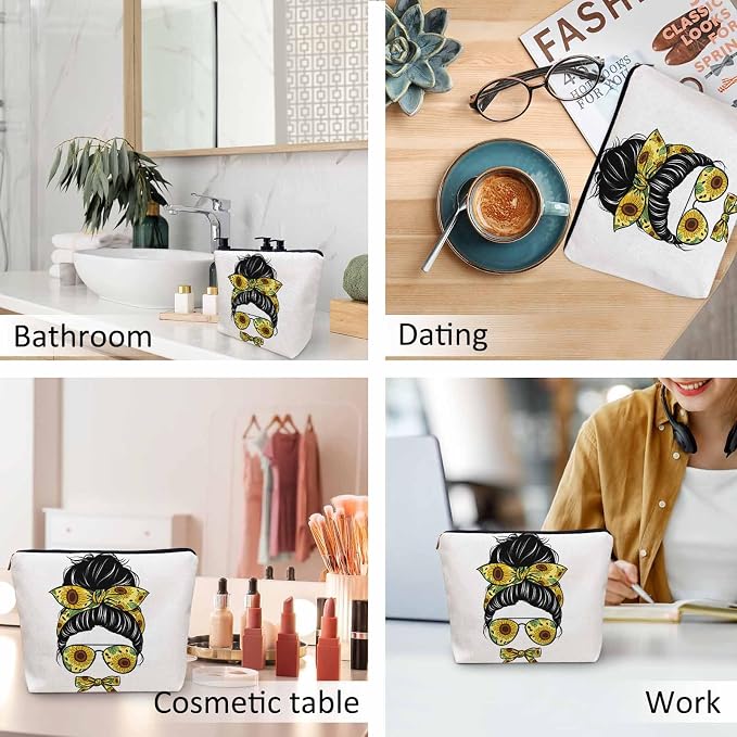 Women Makeup Organizer Bag Sunflower Woman, Messy Bun Woman Sunflowers Glasses Flax Cosmetic Bag Makeup Bags Toiletry Bag Accessories Organizer Travel Bags For Home Bathroom Office Hotel Gym