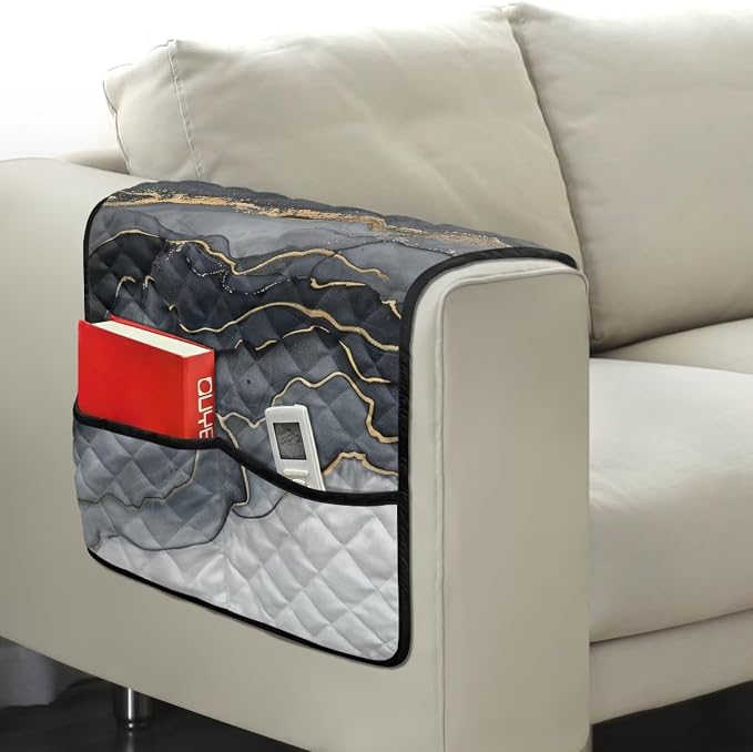 Grey Marble Stretch Sofa Armrest Covers Arm Cover for Chairs Anti-Slip Couch Armrest Covers with 2 Pockets Furniture Armrests Protector for Sofa Couch Chair Recliner