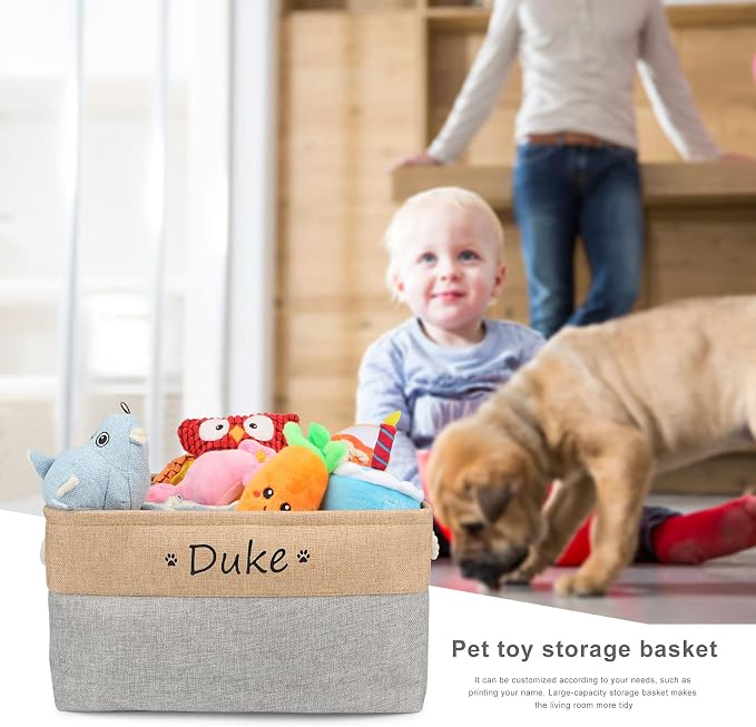 Personalized Dog Toy Storage Basket Bin Collapsible Customized Pet's Name Storage Box Organizer for Dog Toys、Dog Clothing、Dog Apparel & Accessories(Grey-S)