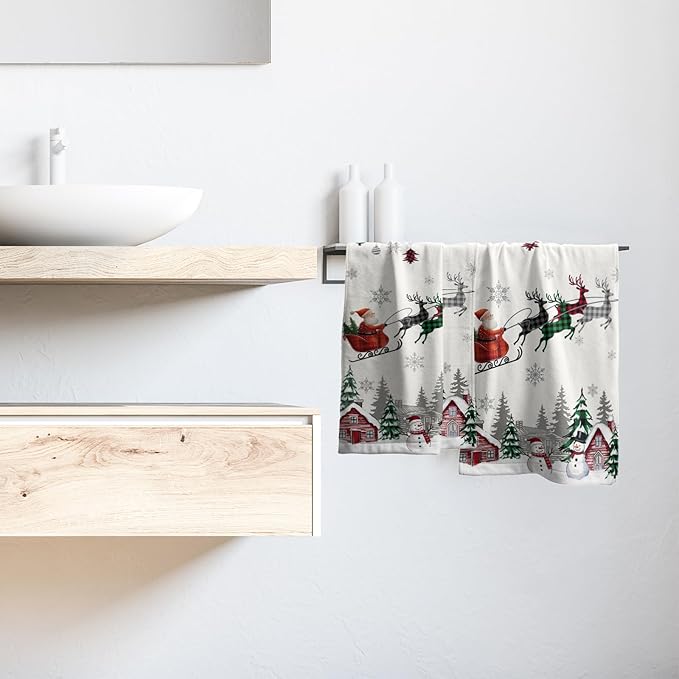 Giwawa Santa Claus Hand Towel Set of 2 Xmas Tree Balls Reindeer Sleigh Buffalo Plaids Towels Winter Snowman Snowflakes Soft Microfiber Dish Wash Cloth for Bathroom Guest Holiday Gym Decor