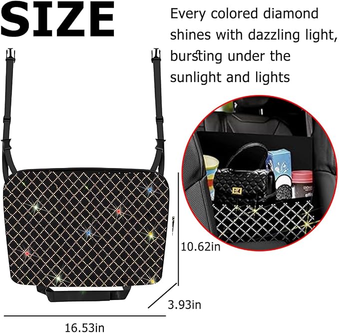 zipelo Bling Car Net Pocket Handbag Holder, Rhinestone Vehicle Backseat Purse Organizer Between Seats, Diamond Hanging Storage Bag Barrier of Pet Kids, Universal Automotive Accessories (Multicolor)