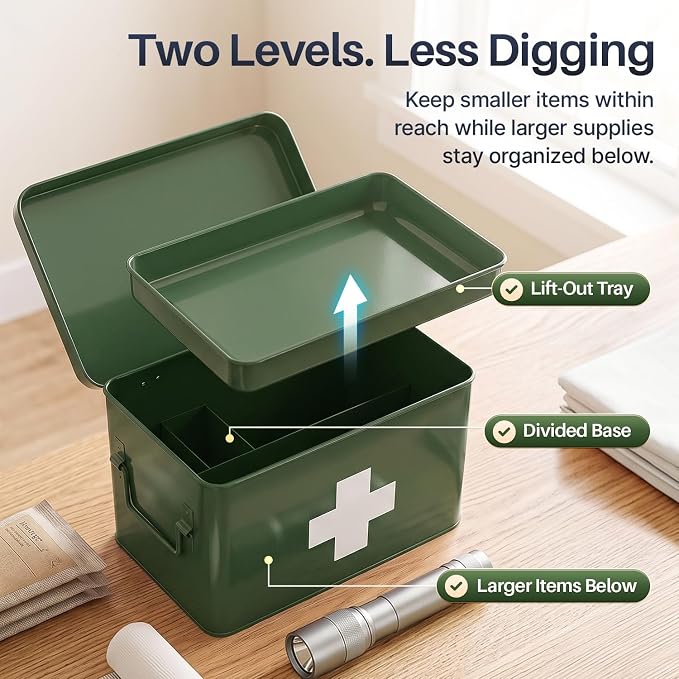 Flexzion Large Metal First Aid Box Empty, 13-Inch, Green with White Cross | Vintage Medicine Box and First Aid Storage Organizer with Removable Tray and Dividers; Empty Box Only, Supplies Not Included