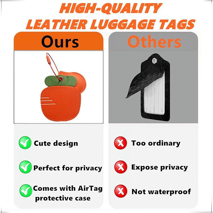 PU Leather Luggage Tag with Airtag Holder Case Set and Name ID Label | Hidden Compartment for AirTag Travel Suitcase Tracking Case with Stainless Steel Loop,Cute Fruit Plant Animals Styles,Carrot