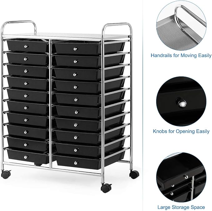 20 Drawer Rolling Storage Cart, Art Cart Organizer with Wheels for Makeup, Tool, Paper, Multipurpose Craft Storage Cart with Drawers for Office, Home, Classroom, Teacher, School (Black)