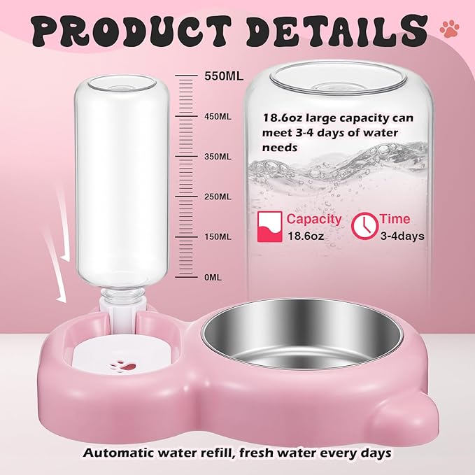 Pink Cat Food and Water Bowl and Non-Slip Silicone Mat Set Stainless Steel Food Bowl with 18.6oz Large Capacity Water Dispenser for Cats and Small Dogs