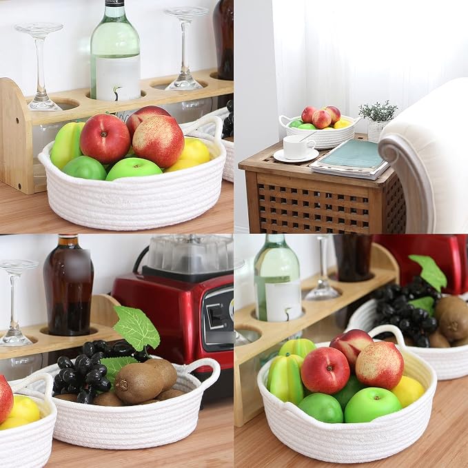 Sea Team 2-Pack Compact Woven Cotton Rope Storage Baskets, White | Knitted Decorative Organizer Bins with Handles, Portable Round Containers for Small Items, Keys, Makeup, Jewelry, Trinkets