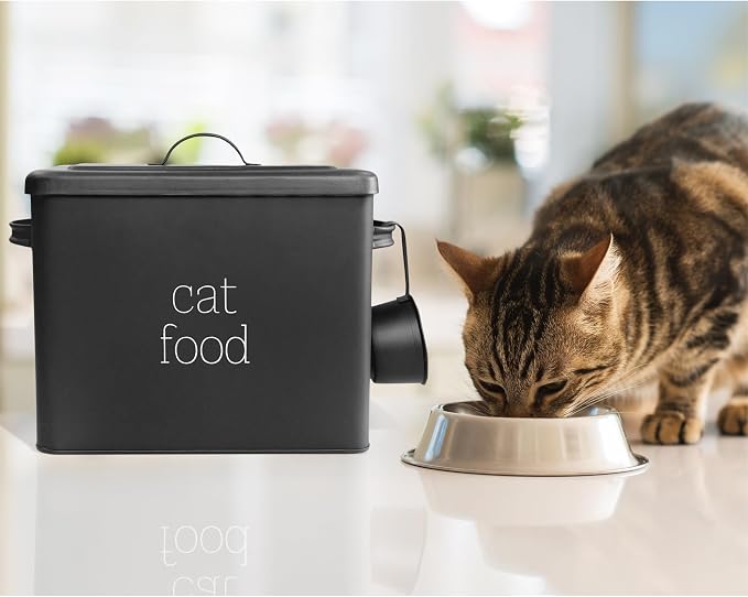AuldHome Design Farmhouse Cat Food Container (Black) Enamel Look Rustic Cat Food Bin with Scoop