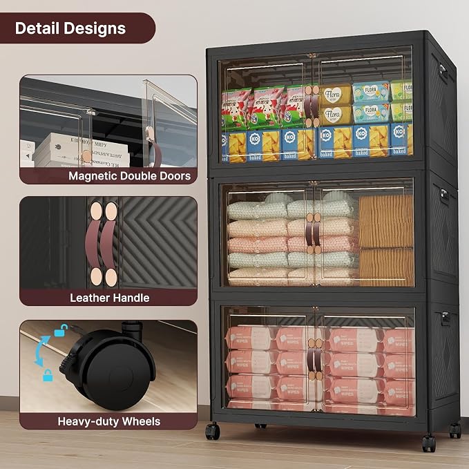 Stackable Storage Bins with Lids, 360QT Lockable Storage Cabinet | Folding Storage Box with Doors and Wheels, Collapsible Plastic Drawers for Home, Garage, Office
