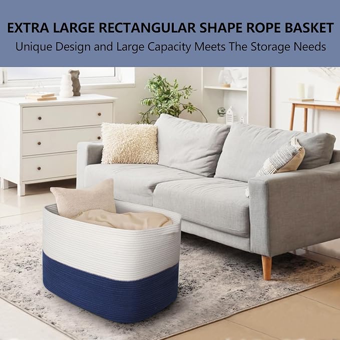 MEGASKET 108L Super Large Blanket Basket, 25" x 16" x 16" Jumbo Rectangle Basket for Blankets Living Room, Woven Cotton Rope Pillow Holder Organizer, Oversized Kids Dog Toy Storage Bin Box, Dark Blue
