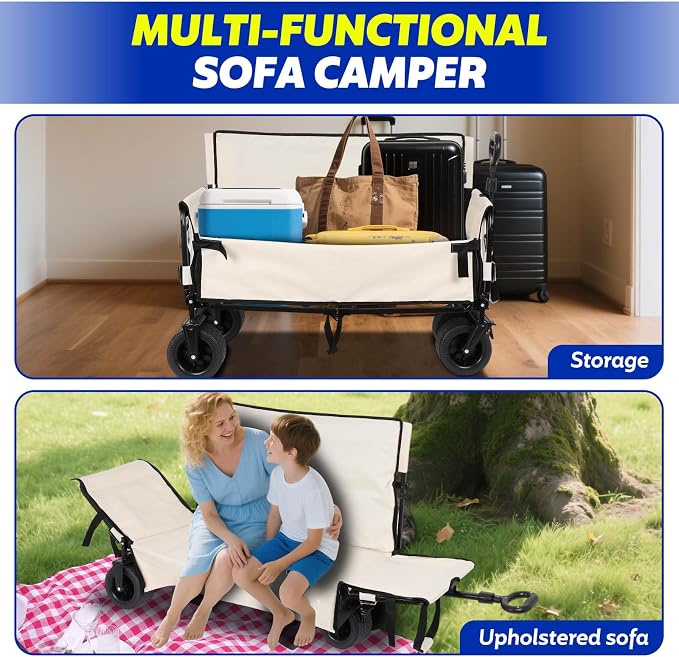 Portable Collapsible Folding Wagon, 550LBS Heavy Duty Utility Carts | Reclining Camper, Expandable Storage, Padded and Wheeled, All Terrain Wheels, Great for Camping, Outdoors, Shopping (White)