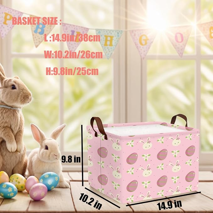 Large Cute Easter Basket for Kid Empty Gift Baby Rectangle Storage Bin Bunny Eggs Boy＆Girl Room Décor (Rabbit Pink Flower Egg)