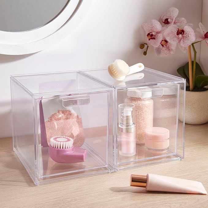 STORi Audrey Stackable Bin Clear Plastic Organizer Drawers | 2 Piece Set | Organize Cosmetics and Beauty Supplies on a Vanity | Made in USA (Pack of 6)