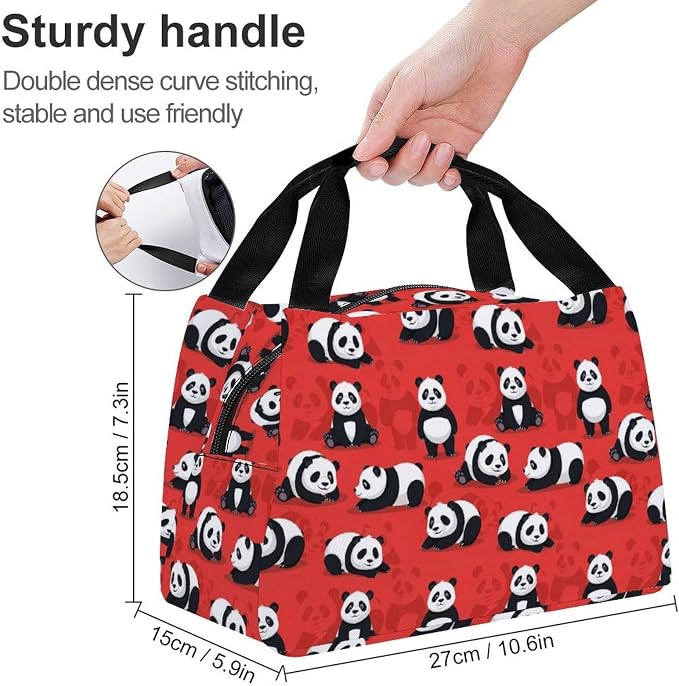 Fashion Insulated Lunch Bag, Bear Panda Red | Lunch Tote Bag, for Work Picnic, Leakproof Cooler Bags, with Sturdy Zipper and Handle, for Women Men