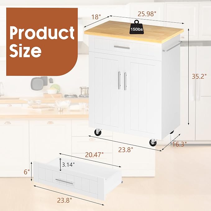 JY QAQA 26" Rolling Kitchen Island Cart on Wheels, Mobile Storage Cabinet with Drawer & Inner Shelves, Kitchen Prep Cart with Towel Rack, Portable Kitchen Island for Dining Room Apartment, White