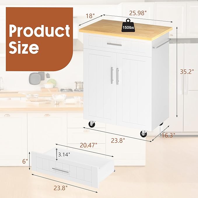 JY QAQA 26" Kitchen Island on Wheels with Storage Cabinet Kitchen Cart Cabinet with Shelves, Cart Handle for Towel Rack or Free Mobility, Portable Islands for Kitchen,White