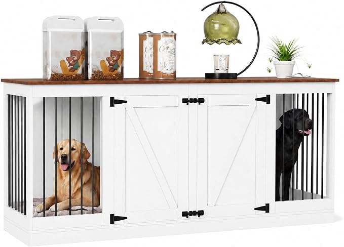 Garvee 70.8" Double Dog Crate Furniture, Farmhouse Dog Crate TV Stand | Heavy Duty Wooden Dog Kennel with Removable Divider & 2 Lockable Doors, Easy Assembly