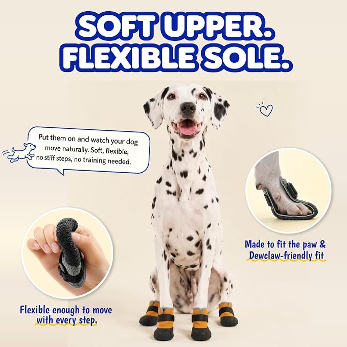 4Pcs Stay-on Dog Booties, Dog Shoes with Soft Upper & Flexible Sole | Waterproof Dog Booties for Hot Pavement, Hiking, Running, and Walking, Snow Shoes for Small, Medium, and Large Dogs, Yellow