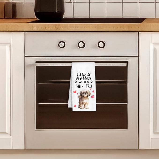 Funny Shih Tzu Kitchen Towels, Life is Better with a Shih Tzu Dish Towel for Kitchen Home Bathroom Decor, Dog Lovers Gift, 16×24 Inch