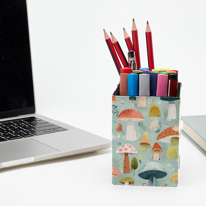 Mushroom Pen Holder for Desk Decor, Rectangular PVC Leather Pencil Cup for Desk Pen Organizer, Makeup Brush Holder for School, Home, Office
