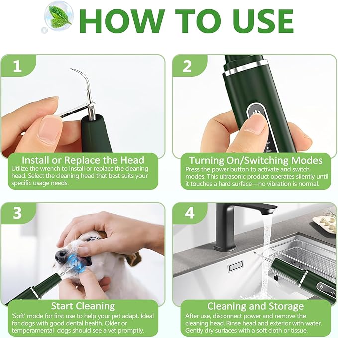 Opdent Dog Plaque Remover for Teeth - Pet Ultrasonic Tooth Cleaner, 6 Adjustable Modes Dog Teeth Cldaning Kit with LED Light, Cats and Dogs Tartar Remover for Teeth (Green, Large)
