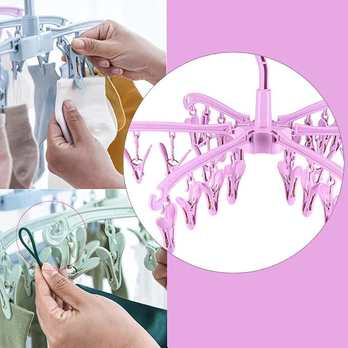 Clothes Sock Drying Hanger with 24 Clips,Foldable Hanging Rack | hanger with 24 clips for drying,drying rack clothing, for Lingerie Baby Clothes Drying Towels laundry hanger(Pink)