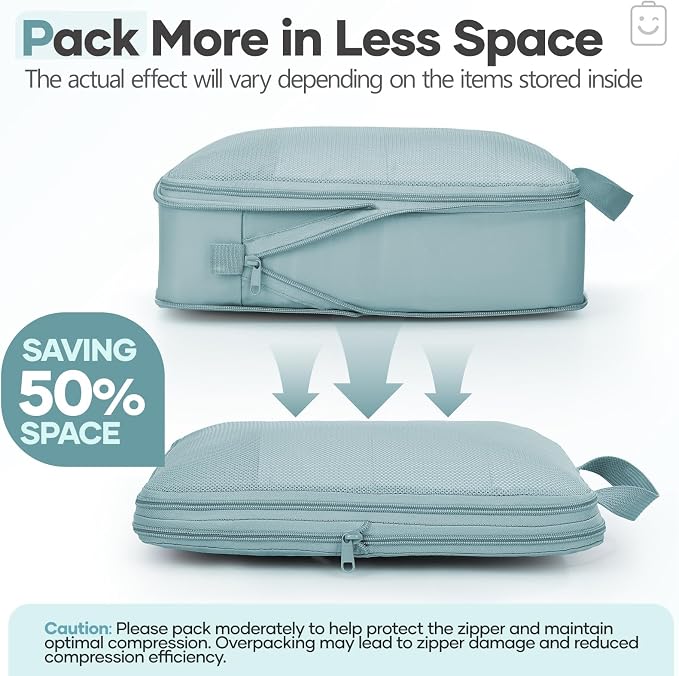 Veken 11 Set Compression Packing Cubes Garment Bags for Travel Essentials,Compressible Expandable Luggage Organizer Bags for Clothing,Space Saver Bags with Over 1000 pcs of Mesh Holes(Blue Gray)