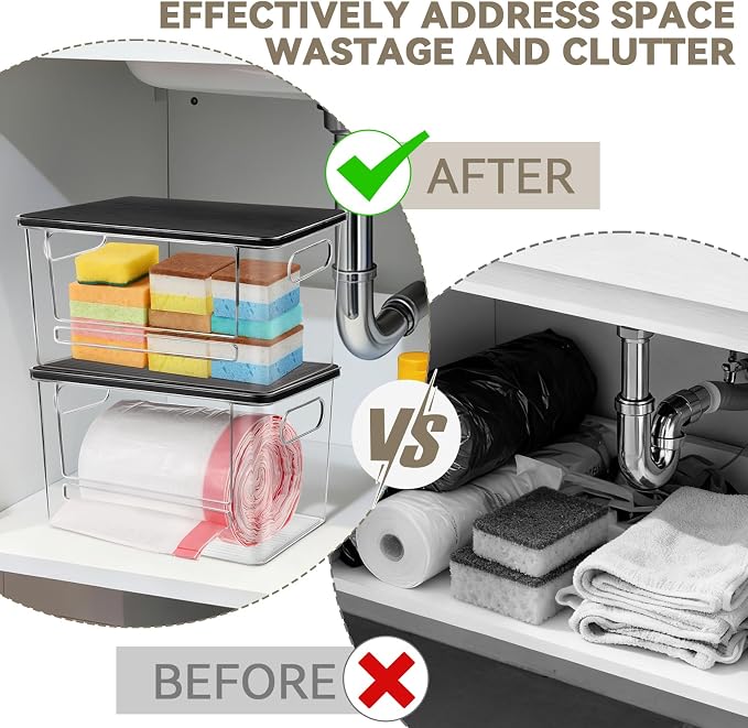 Trash Bag Dispenser Under Sink Organizer for Pantry, Kitchen | Acrylic Garbage Bag Dispenser, with Black Bamboo Top & Handles, Extra Large, Keep Onions and Potatoes Neat, Clear, Stackable