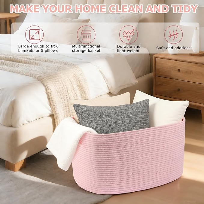 75L Large Woven Storage Basket, Pink Cotton Rope Laundry Hamper with Handles, 22”x17”x12” Rectangle Blanket Basket for Toys, Clothes, Pillows, Nursery and Living Room,Shelf Basket