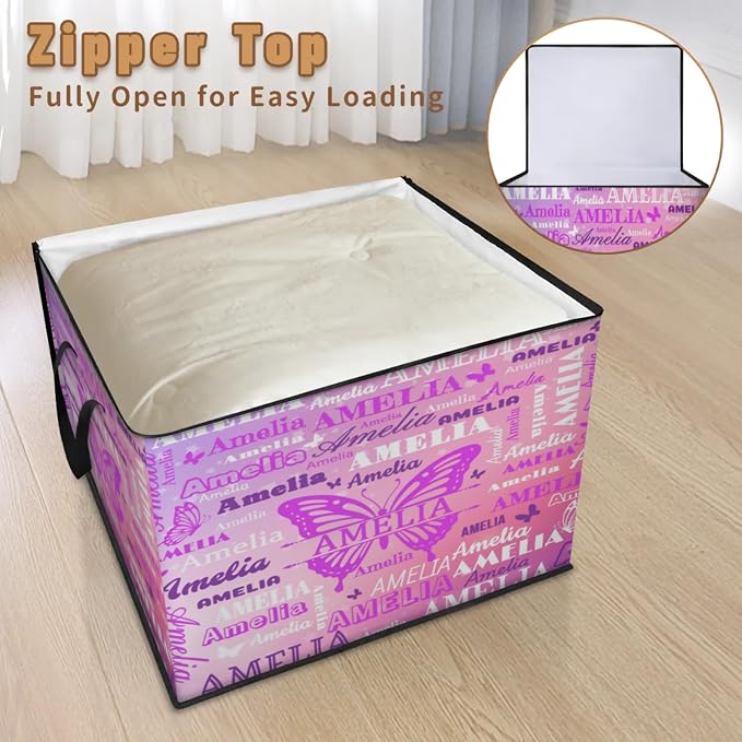 Personalized Extra Large Storage Basket with Lid, Comforters, Watercolor Pink Purple Butterflies Bedding Storage Bin for Home, Collapsible Basket for Clothes, Moving, Car Trunk