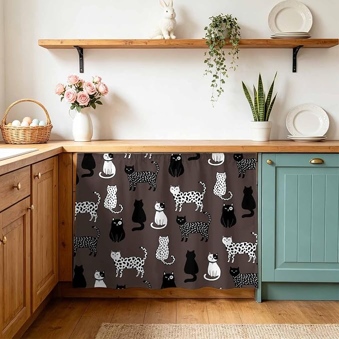 Cat Animal Cabinet Curtain 28"Wx35"L, Dustproof Under Sink Skirt with Self Adhesive Tape, Black White Earthy Tone Vintage Pet Cabinet Curtain Cover for Bathroom Vanity, Kitchen Sink, Laundry Room