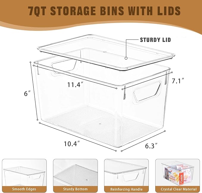 Freebat 6 Pack Clear Storage Bins with Lids, 7 Quart Pantry Organizer Bins | Large, Stackable Plastic Storage Containers, Pantry Organization for Office, Bedroom, Cabinet, Fridge,Kitchen Organization