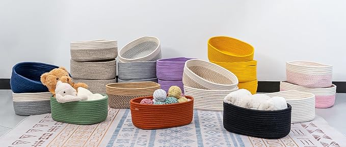 CubesLand Small Storage Baskets for Shelves, Closet Storage Bins | Empty Gift Basket Baby Nursery Woven Baskets for Organizing, Rectangular Clothes Closet Shelves Baskets 3 Packs Off White