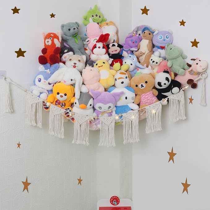 Large Stuffed Animal Hammock or Net, Macrame Boho Toy Hammock with LED Light, Decorate Net for Stuffed Animals Corner, Space Saving Hanging Stuff Animal Organizer Holder for Kids Bedroom Playroom