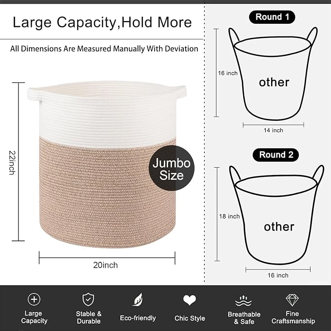 OIAHOMY 80L Laundry Basket Laundry Hamper Nursery Hamper Brown&White | Tall Dirty Clothes Hamper with Handle,Blanket Basket,Decorative Basket for Living Room,Storage Basket,Toy Storage