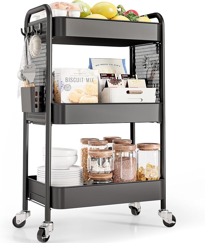 TOOLF 3 Tier Rolling Cart, Metal Utility Storage Cart with Pegboard, Black | 2 Bins & 4 Hooks, Screwless Assembly, Lockable Wheels, Trolley Organizer for Bathroom, Kitchen, Office, Dorm, Craft Room