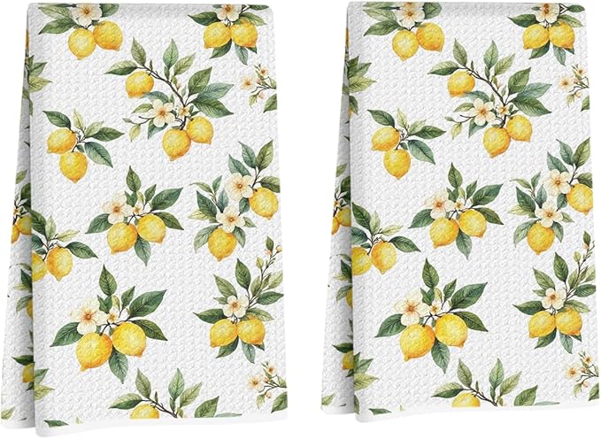 2 Pcs Rustic Lemon Kitchen Towels, Summer Flower Decorative Absorbent Microfiber Dish Cloth Tea Towel, Waffle Soft Hand Towels for Farmhouse Home Bathroom Kitchen Decor, Lemon Gifts