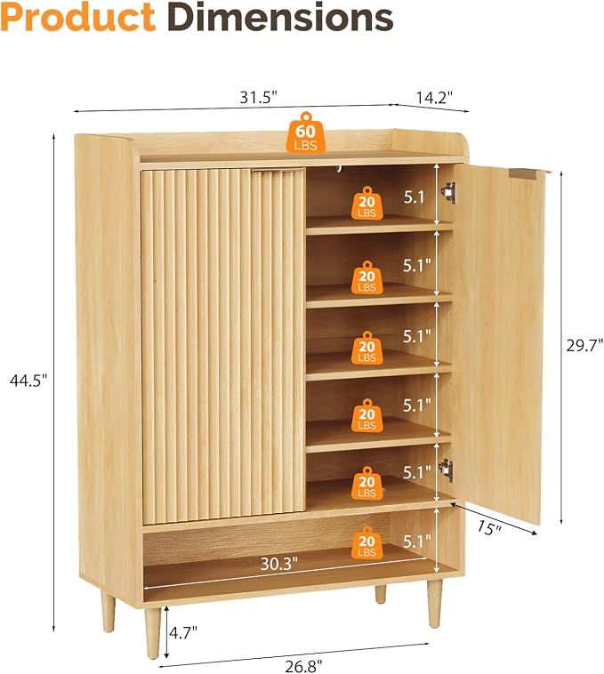 VINGLI Shoe Cabinet with Fluted Doors, 6 Tier Large Wooden Entryway Shoe Storage Cabinet with Adjustable Shelves,44.5" Tall Modern Freestanding Shoe Rack Organizer for Entryway, Hallway, Closet,Oak