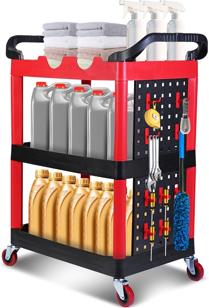 MaxWorks 50886 3 Shelf Rolling Utility Service Cart with Storage Carts and Bottle Holders with Side Hanging Hook 440-lb Capacity