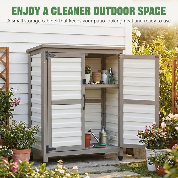 Ketive Outdoor Storage Cabinet, 32" Small Patio Storage Cabinet with Rust-Free Plastic Door Panels, 2-Tier Garden Cabinet for Porch, Balcony, Poolside, Backyard, Garden Supplies & Cleaning Supplies