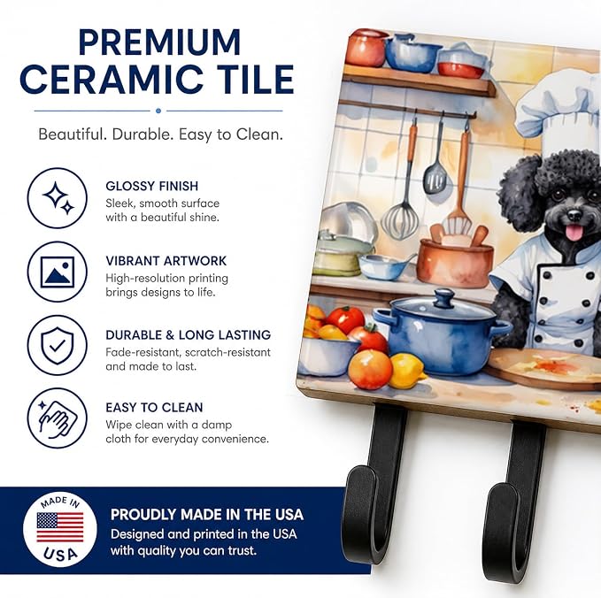 Caroline's Treasures Black Poodle The Chef Leash or Key Holder Wall Hooks, Key Hooks Holder, Coat Rack Wall Mount, Coat Hooks, Hooks for Hanging Keys, Towels, Aprons, Leashes | Black Poodle The Chef artwork on ceramic tile with three steel hooks for ke...