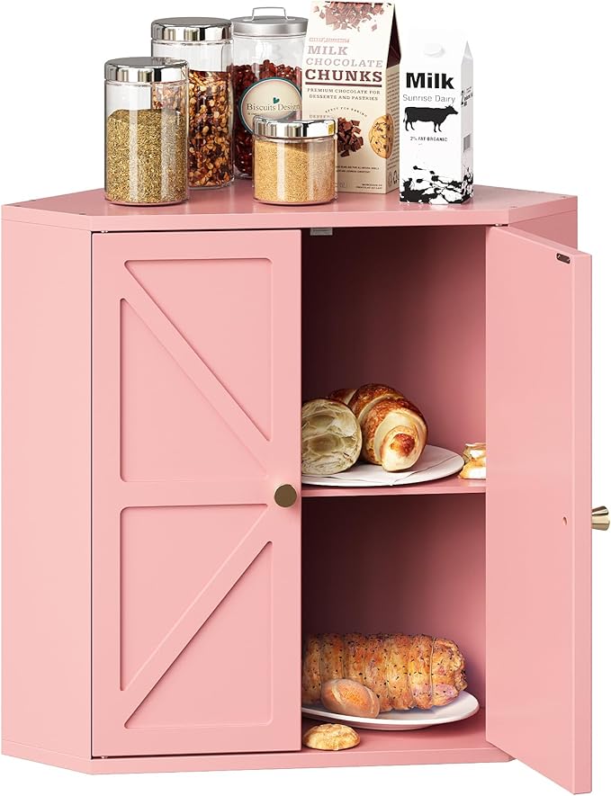 Trironsun Corner Bread Box for Kitchen Counter Double Layer Bamboo Bread Storage Container Large Capacity Bread Storage Bin Farmhouse Breadbox Organizer (Pink)