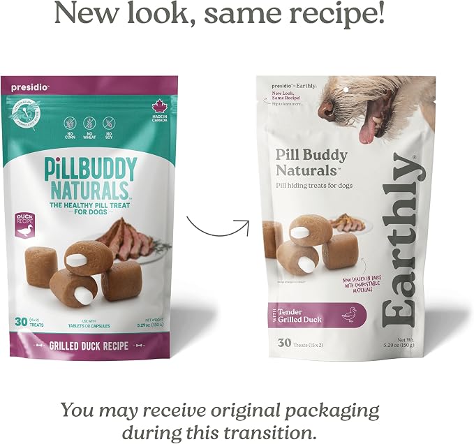 Presidio Earthly Pill Buddy Naturals - Duck (Chicken-Free) Pill Hiding Treats for Dogs - Pill Pocket for Any Size Medication - 30 Servings