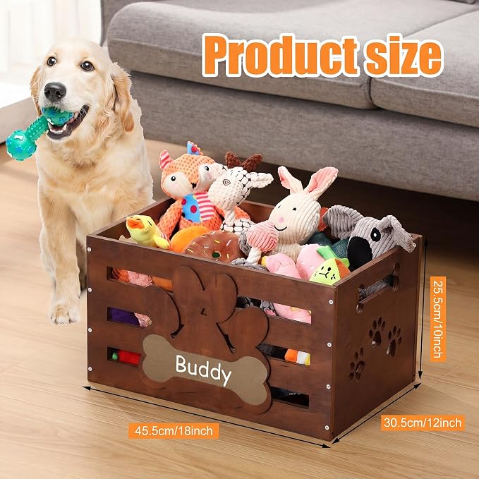 Cinnvoice Large Dog Toy Basket Wood Dog Toy Bin Storage Box with Handles and Label Position Design Large Organizer with Paw Pattern Print for Pets Toys Food Blankets Clothes 18"x12"x10" (Dark Brown)