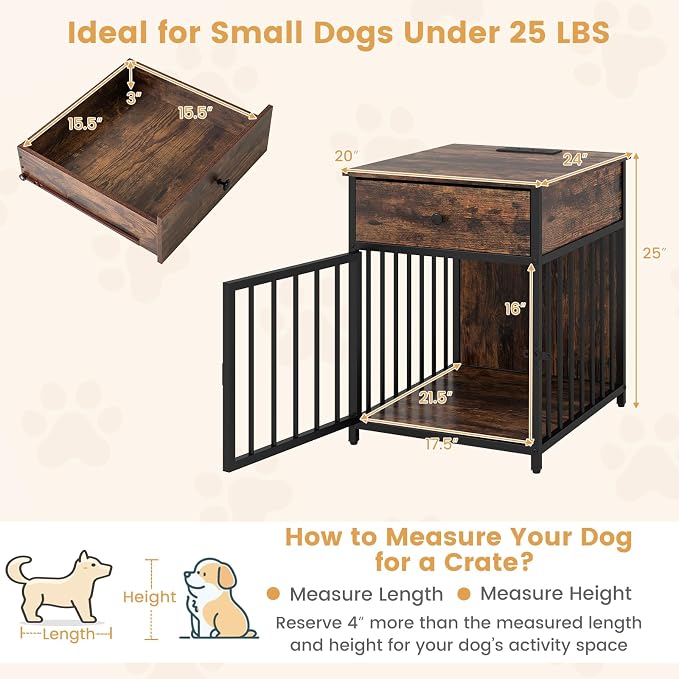 Giantex Dog Crate End Table with Charging Station, Small Dog Kennel Furniture with Drawer, Chew-Resistant Metal Tube, Lockable Door, Indoor Pet Cage Side Table for Small Dogs, Rustic Brown